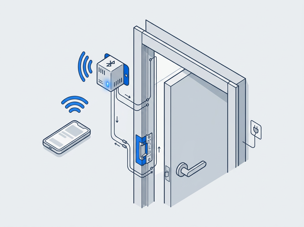 Ilustracja modułu Bluetooth z przekaźnikiem przy ościeżnicy drzwi