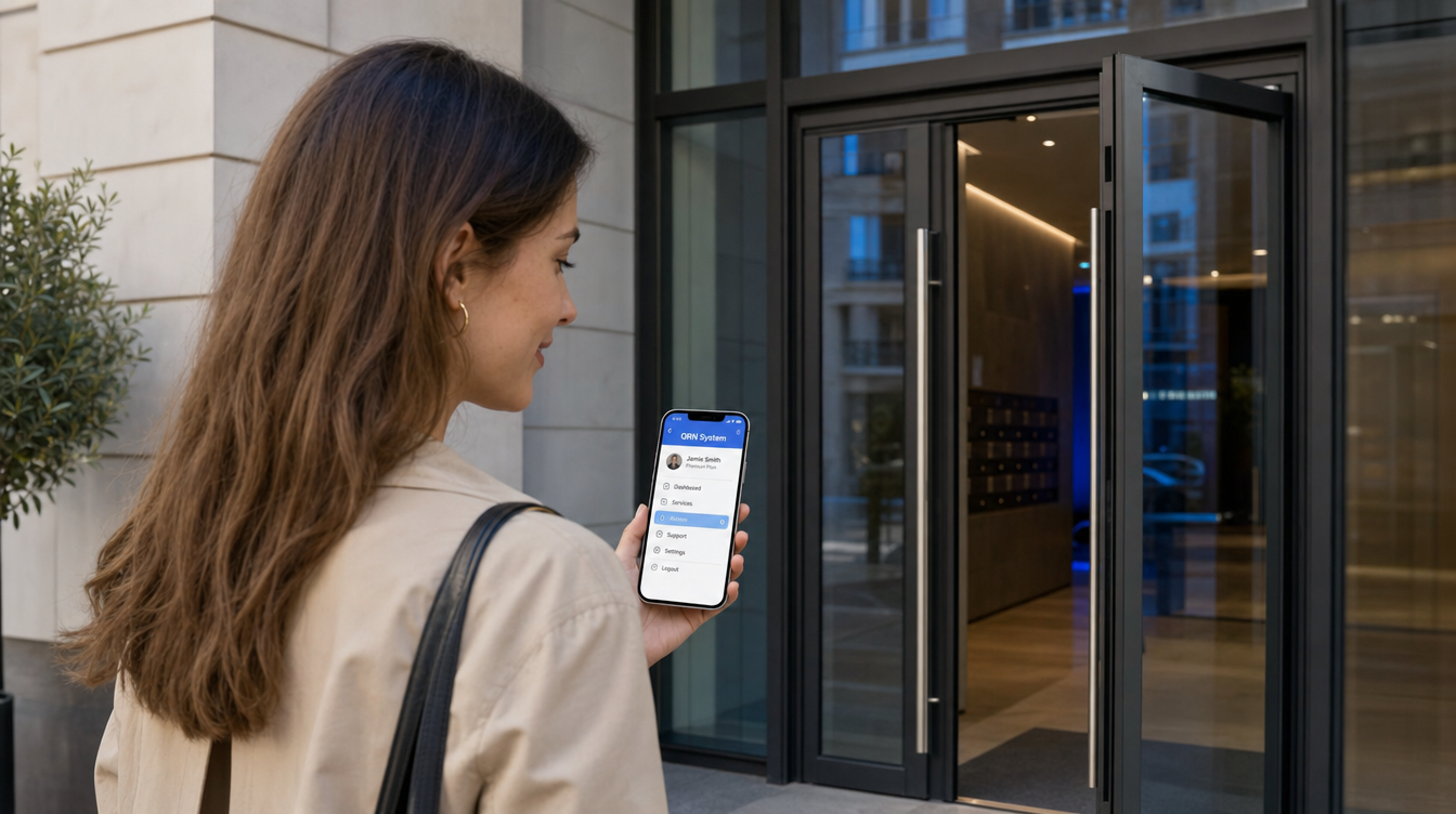 Mieszkaniec otwiera wejście aplikacją QRN Systems